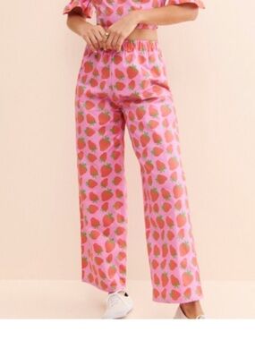 Megan Crosby Strawberry Pants Trousers Womens Small Pink Organic Cotton Poplin
